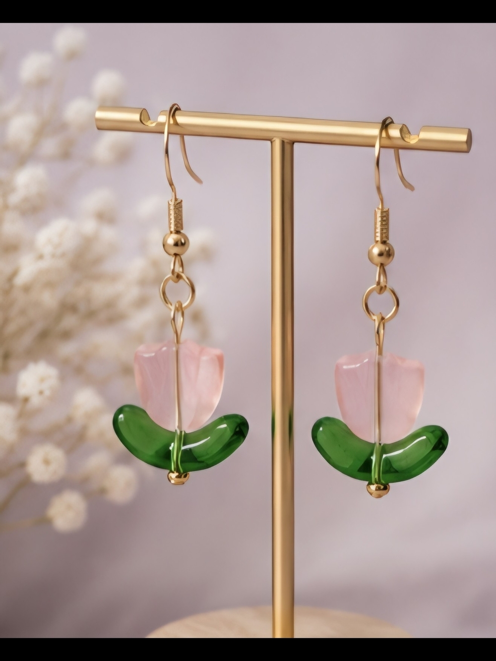 Gold-Tone Pink & Green Floral Drop Earrings